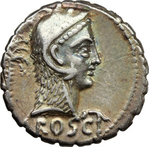 obverse: L. Roscius Fabatus.  AR Denarius serratus, 64 BC. Obv. Head of Juno Sospita right, wearing goat s skin; behind, palm-tree; below neck truncation, L ROSCI. Rev. Female standing right, feeding serpent erect before her; behind, palm-tree; in exergue, FABATI. Cr. 412/1 (control marks 167). Banti 1/7. B. 3. AR. g. 3.92  mm. 17.50   Old cabinet tone with iridescent hues. About EF.