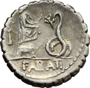 reverse: L. Roscius Fabatus.  AR Denarius serratus, 64 BC. Obv. Head of Juno Sospita right, wearing goat s skin; behind, palm-tree; below neck truncation, L ROSCI. Rev. Female standing right, feeding serpent erect before her; behind, palm-tree; in exergue, FABATI. Cr. 412/1 (control marks 167). Banti 1/7. B. 3. AR. g. 3.92  mm. 17.50   Old cabinet tone with iridescent hues. About EF.