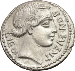 obverse: L. Scribonius Libo.  AR Denarius, 62 BC. Obv. BON EVENT before diademed head of Bonus Eventus right, LIBO behind. Rev. PVTEAL. Puteal Scribonianum decorated with garland and two lyres; at base, hammer; in exergue, SCRIBON. Cr. 416/1a. B.8. AR. g. 3.68  mm. 19.00   A superb example. Lovely even light tone. EF.