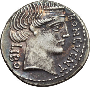 obverse: L. Scribonius Libo.  AR Denarius, 62 BC. Obv. BON EVENT before diademed head of Bonus Eventus right, LIBO behind. Rev. PVTEAL. Puteal Scribonianum decorated with garland and two lyres; at base, hammer; in exergue, SCRIBON. Cr. 416/1a. B. 8. AR. g. 4.02  mm. 19.00   Brilliant surfaces and enchanting old cabinet tone with iridescent hues. About EF.