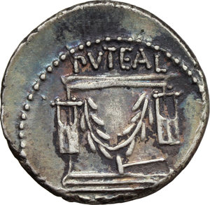 reverse: L. Scribonius Libo.  AR Denarius, 62 BC. Obv. BON EVENT before diademed head of Bonus Eventus right, LIBO behind. Rev. PVTEAL. Puteal Scribonianum decorated with garland and two lyres; at base, hammer; in exergue, SCRIBON. Cr. 416/1a. B. 8. AR. g. 4.02  mm. 19.00   Brilliant surfaces and enchanting old cabinet tone with iridescent hues. About EF.