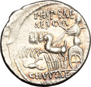 reverse: M. Aemilius Scaurus and Pub. Plautius Hypsaeus.  AR Denarius, 58 BC. Obv. M. SCAVR. Camel right; before, king Aretas kneeling right, holding reins in left hand and olive-branch tied with fillet in right hand; on left, EX; on right, SC; REX ARETAS in exergue. Rev. HYPSAEVS/AED CVR. Jupiter in quadriga left, CAPTV on right; scorpion below horses; C. HYPSAE COS/PREIV in exergue. Cr. 422/1b note. B. 8 var. Sydenham 914. AR. g. 3.93  mm. 18.00   Enchanting iridescent tone, with blue and reddish hues. About EF.