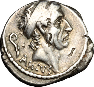 obverse: L. Marcius Philippus.  AR Denarius, 56 BC. Obv. Diademed head of Ancus Marcius right; below, ANCVS ; behind, lituus. Rev. PHILIPPVS. Equestrian statue standing on aqueduct: at horse s feet, flower. Below, A-Q-V-A-MAR ligate within the arches of aqueduct. Cr. 425/1. B. 28. AR. g. 3.82  mm. 18.00   Banker s marks on obverse. Toned. VF.