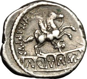 reverse: L. Marcius Philippus.  AR Denarius, 56 BC. Obv. Diademed head of Ancus Marcius right; below, ANCVS ; behind, lituus. Rev. PHILIPPVS. Equestrian statue standing on aqueduct: at horse s feet, flower. Below, A-Q-V-A-MAR ligate within the arches of aqueduct. Cr. 425/1. B. 28. AR. g. 3.82  mm. 18.00   Banker s marks on obverse. Toned. VF.