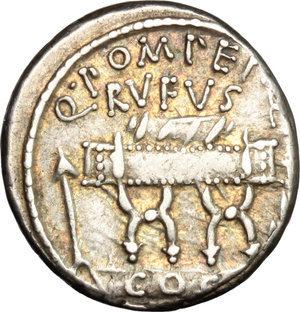 obverse: Q. Pomponius Rufus.  AR Denarius, 54 BC. Obv. Curule chair between arrow and laurel branch; above, Q. POMPEI Q.F./RVFVS; below, COS on tablet. Rev. Curule chair between lituus and wreath; above, SVLLA COS; below, Q. POMPEI RVF on tablet. Cr. 434/2. B. 5. AR. g. 4.08  mm. 18.00   Good metal and full weight. Light old cabinet tone with iridescent hues. About EF.