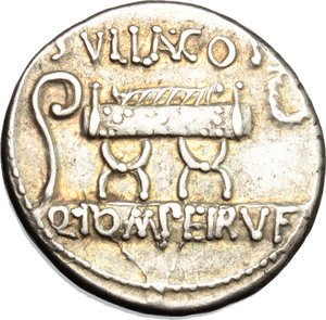 reverse: Q. Pomponius Rufus.  AR Denarius, 54 BC. Obv. Curule chair between arrow and laurel branch; above, Q. POMPEI Q.F./RVFVS; below, COS on tablet. Rev. Curule chair between lituus and wreath; above, SVLLA COS; below, Q. POMPEI RVF on tablet. Cr. 434/2. B. 5. AR. g. 4.08  mm. 18.00   Good metal and full weight. Light old cabinet tone with iridescent hues. About EF.
