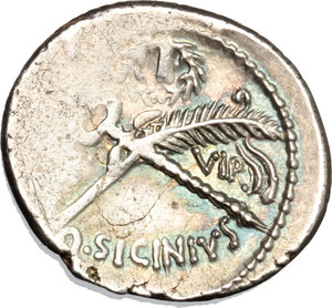 reverse: Q. Sicinius.  AR Denarius, 49 BC. Obv. Diademed head of Fortune right; before, FORT; behind, [P.R.]. Rev. Q. SICINIVS [III] VIR. Caduceus and palm in saltire; above, laurel-wreath. Cr. 440/1. B. 5. AR. g. 3.49  mm. 19.00   Superb old cabinet tone, with iridescent hues. Minor areas of weakness, otherwise about EF.