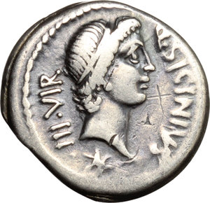 obverse: Q. Sicinius and Coponius.  AR Denarius, 49 BC. Obv. Q. SICINIVS III VIR. Diademed head of Apollo right; below, star. Rev. C. COPONIVS PR SC. The club of Hercules surmounted by lion s skin with scalp to right; on right, bow; on left, arrow. Cr. 444/1a. B.1. AR. g. 3.75  mm. 19.00   Good metal. Old cabinet tone. VF.