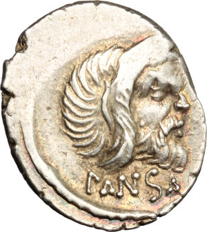 obverse: C. Vibius C. f. Pansa Caetronianus.  AR Denarius, 48 BC. Obv. Mask of bearded Pan right; below, PANSA. Rev. C. VIBIVS C.F. C.N. - IOVIS AXVR. Jupiter, laureate, seated left, holding patera and sceptre. Cr. 449/1a. B. 18. AR. g. 3.90  mm. 19.00   Some areas of striking weakness. Superb deep iridescent tone. about EF.