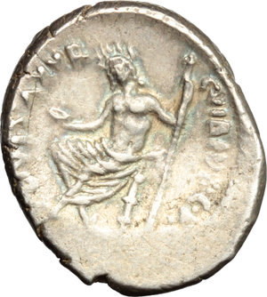 reverse: C. Vibius C. f. Pansa Caetronianus.  AR Denarius, 48 BC. Obv. Mask of bearded Pan right; below, PANSA. Rev. C. VIBIVS C.F. C.N. - IOVIS AXVR. Jupiter, laureate, seated left, holding patera and sceptre. Cr. 449/1a. B. 18. AR. g. 3.90  mm. 19.00   Some areas of striking weakness. Superb deep iridescent tone. about EF.