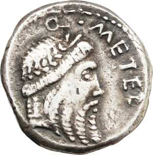 obverse: Q. Caecilius Metellus Pius Scipio.  AR Denarius, 47-46 BC. Obv. Q. METEL [PIVS]. Laureate head of Jupiter right. Rev. Elephant right; above, SCIPIO; in exergue, IMP. Cr. 459/1. B. 47. AR. g. 5.42  mm. 18.50  RRR. Extremely rare for its exceptional weight. Toned, with iridescent hues. VF. Struck on an exceptionally over weight flan, apparently the heaviest Roman Republican denarius known.