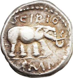 reverse: Q. Caecilius Metellus Pius Scipio.  AR Denarius, 47-46 BC. Obv. Q. METEL [PIVS]. Laureate head of Jupiter right. Rev. Elephant right; above, SCIPIO; in exergue, IMP. Cr. 459/1. B. 47. AR. g. 5.42  mm. 18.50  RRR. Extremely rare for its exceptional weight. Toned, with iridescent hues. VF. Struck on an exceptionally over weight flan, apparently the heaviest Roman Republican denarius known.