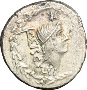 obverse: L. Valerius Acisculus.  AR Denarius, 45 BC. Obv. ACISCVLVS. Head of Apollo right, hair tied with band; above, star; behind, acisculus; all in laurel-wreath. Rev. Europa seated on bull walking right; in exergue, L. VALERIVS. Cr. 474/1 a. B. 17. AR. g. 3.89  mm. 19.00  Scarce. A very attractive example of this fascinating issue. Superb light iridescent tone. About EF.