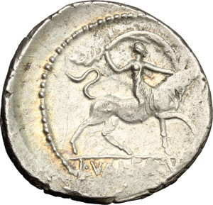 reverse: L. Valerius Acisculus.  AR Denarius, 45 BC. Obv. ACISCVLVS. Head of Apollo right, hair tied with band; above, star; behind, acisculus; all in laurel-wreath. Rev. Europa seated on bull walking right; in exergue, L. VALERIVS. Cr. 474/1 a. B. 17. AR. g. 3.89  mm. 19.00  Scarce. A very attractive example of this fascinating issue. Superb light iridescent tone. About EF.