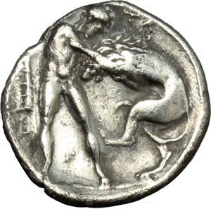 reverse: Italy. Southern Apulia, Tarentum.   AR Diobol, 380-325 BC. Obv. Head of Athena right, wearing Crested Attic helmet decorated with hippocamp. Rev. Herakles standing right, strangling lion with both hands; at left club, between Herakles  leg, K; TA to upper right. HN Italy 914. AR. g. 1.16  mm. 13.00   Good metal. Brilliant and lightly toned, with golden hues. Good VF.
