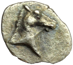 obverse: Italy. Southern Apulia, Tarentum.   AR 3/4 Obol, 325-280 BC. Obv. Head of bridled horse right. Rev. Head of bridled horse right; before, letter. HN Italy 981. AR. g. 0.24  mm. 9.00  R. In excellent condition for the issue and nicely toned. About EF/Good VF.