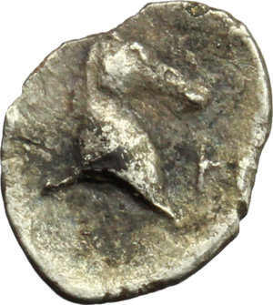 reverse: Italy. Southern Apulia, Tarentum.   AR 3/4 Obol, 325-280 BC. Obv. Head of bridled horse right. Rev. Head of bridled horse right; before, letter. HN Italy 981. AR. g. 0.24  mm. 9.00  R. In excellent condition for the issue and nicely toned. About EF/Good VF.