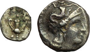 obverse: Italy. Southern Apulia, Tarentum.   Multiple lot of two (2) AR coins: AR Drachm 272-240 BC, Athena/Owl, HN Italy 1047-52, g. 311; AR Obol 280-228 BC, Kantharos/Kantharos, HN Italy 1076, g. 0.49.    AR.      Good VF:VF.