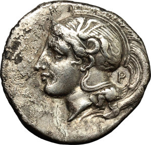 obverse: Italy. Northern Lucania, Velia.   AR Nomos, c. 340-334 BC. Obv. Head of Athena left, wearing crested Attic helmet decorated with griffin; behind, neck, monogram (dot within P). Rev. Lion standing left; above, Φ; in exergue, IEΛHTΩN. HN Italy 1284. AR. g. 7.35  mm. 24.00   A very attractive example. Broad flan, prettily toned. Good VF.