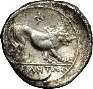 reverse: Italy. Northern Lucania, Velia.   AR Nomos, c. 340-334 BC. Obv. Head of Athena left, wearing crested Attic helmet decorated with griffin; behind, neck, monogram (dot within P). Rev. Lion standing left; above, Φ; in exergue, IEΛHTΩN. HN Italy 1284. AR. g. 7.35  mm. 24.00   A very attractive example. Broad flan, prettily toned. Good VF.