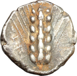 obverse: Italy. Southern Lucania, Metapontum.   AR Stater, c. 470-440 BC. Obv. META. Barley ear of six grains. Rev. Incuse barley ear of six grains. HN Italy 1484. SNG Cop. 1172. Noe 244. AR. g. 8.05  mm. 19.00  R. Rare. Toned, with reddish earthen deposits. VF.