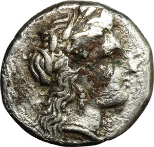 obverse: Italy. Southern Lucania, Metapontum.   AR Stater, c. 330-290 BC. Obv. Wreathed head of Demeter right, wearing triple-pendant earring and necklace. Rev. META. Barley ear, leaf to right; Nike above leaf and ΛY below. HN Italy 1591. AR. g. 6.67  mm. 21.00    VF.