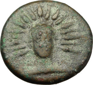 obverse: Italy. Southern Lucania, Metapontum.   AE 14 mm., c. 300-250 BC. Obv. Facing head of Helios. Rev. M-E. Three barley grains radiating from centre; between two grains, race-torch. Johnston Bronze 53. HN Italy 1689. AE. g. 2.39  mm. 14.00  R. Rare. VF/Good VF.