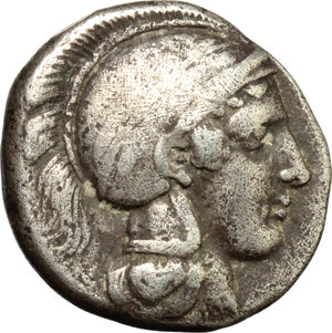 obverse: Italy. Southern Lucania, Thurium.   AR Stater, c. 443-400 BC. Obv. Head of Athena right, wearing Attic helmet, decorated with wreath. Rev. [ΘOYPIΩN]. Bull walking right; in exergue, fish right. HN Italy 1775. SNG ANS 901-14. AR. g. 7.60  mm. 20.00   Interesting ΔE graffito, below bull. Toned. VF.