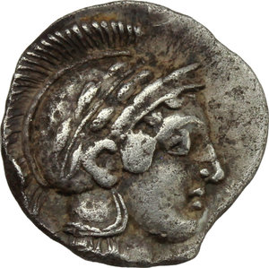 obverse: Italy. Southern Lucania, Thurium.   AR Triobol, circa 443-400 BC. Obv. Head of Athena right, wearing crested Attic helmet decorated with wreath. Rev. ΘΟΥΡΙΩΝ. Bull walking right; in exergue, fish right. Cf. HN Italy 1777. SNG Cop. 1470. AR. g. 1.16  mm. 12.00   Rare. About EF.