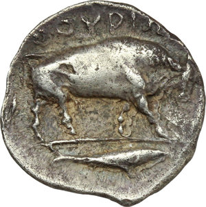 reverse: Italy. Southern Lucania, Thurium.   AR Triobol, circa 443-400 BC. Obv. Head of Athena right, wearing crested Attic helmet decorated with wreath. Rev. ΘΟΥΡΙΩΝ. Bull walking right; in exergue, fish right. Cf. HN Italy 1777. SNG Cop. 1470. AR. g. 1.16  mm. 12.00   Rare. About EF.