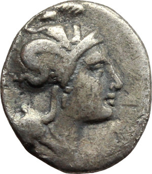 obverse: Italy. Southern Lucania, Thurium.   AR Triobol, c. 350-300 BC. Obv. Head of Athena right, wearing Attic helmet decorated with Scylla. Rev. Charging bull right. HN Italy 1851. AR. g. 0.92  mm. 11.00    About VF.