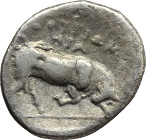 reverse: Italy. Southern Lucania, Thurium.   AR Triobol, c. 350-300 BC. Obv. Head of Athena right, wearing Attic helmet decorated with Scylla. Rev. Charging bull right. HN Italy 1851. AR. g. 0.92  mm. 11.00    About VF.
