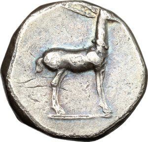 reverse: Italy. Bruttium, Kaulonia.   AR Stater, c. 475-425 BC. Obv. Apollo advancing right, holding branch; small daimon running on Apollo s left arm; to right, stag standing right, head reverted. Rev. Stag standing right. HN Italy 2044. Cf. Noe E. 62-77. AR. g. 7.65  mm. 20.00   Toned. Hair-line flan crack at five o clock, otherwise about VF/VF.