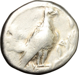 obverse: Italy. Bruttium, Kroton.   AR Stater, c. 425-350 BC. Obv. Eagle standing right on Ionic capital; to right, olive branch. Rev. QPO. Tripod. HN Italy 2144. SNG ANS 339. AR. g. 7.62  mm. 20.50   Lightly toned, with lovely iridescent hues. About VF.