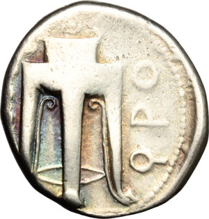 reverse: Italy. Bruttium, Kroton.   AR Stater, c. 425-350 BC. Obv. Eagle standing right on Ionic capital; to right, olive branch. Rev. QPO. Tripod. HN Italy 2144. SNG ANS 339. AR. g. 7.62  mm. 20.50   Lightly toned, with lovely iridescent hues. About VF.