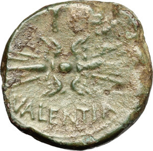 reverse: Italy. Bruttium, Vibo Valentia.   AE As, c. 193-150 BC. Obv. Head of Jupiter right; behind, mark of value I. Rev. VALENTIA. Winged thunderbolt; above, mark of value I and wreath. HN Italy 2262. SNG ANS 502-3. AE. g. 10.21  mm. 26.00   Broad flan and full weight. Olive green patina. VF.