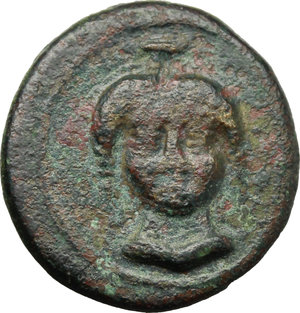 obverse: Italy. Bruttium, Laus.   AE 16 mm, 4th cent. BC. Obv. Facing bust of Demetra. Rev. Two birds. Cfr. HN Italy 2301. SNG ANS 150-6. AE. g. 3.09  mm. 16.00  RR.  VF.