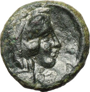 reverse: Sicily. Gela.   AE Tetras, 339-310 BC. Obv. Bearded head of river god Gela left. Rev. Head of Herakles right. SNG ANS 1333. AE. g. 1.75  mm. 12.00    About VF.
