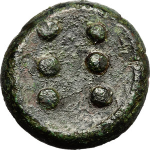 reverse: Sicily. Himera.   AE Hemilitron, c. 425-409 BC. Obv. Facing gorgoneion. Rev. Six pellets (mark of value). CNS 23. Kraay, Bronze 1 a. AE. g. 19.88 mm. 26.00   Dark green patina F/VF.