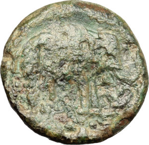 reverse: Italy. Etruria, Inland Etruria.   AE 18 mm. 3rd century BC. Obv. Bare head of young North African mahout right. Rev. Indian elephant standing right, bell around neck. HN Italy 69. SNG Cop. 48. AE. g. 4.49  mm. 18.00   Rare. Some corrosion, dark green patina. VF/About VF. This enigmatic issue has been much discussed. It was Sestini in 1816 who first indicated their area of circulation in and around the Chiana (Clanis) valley and lake Trasimeno, dominated by the cities of Arezzo, Chiusi and Cortona. The traditional attribution of the issue to 217 BC, as representing the propaganda of Hannibal’s approach to Etruria, was modified by Robinson, who saw it as a provocative seditious type of Arretium, which was in a state of high tension with Rome in 209/8, in the hoped for arrival of Hasdrubal from Spain with reinforcements. However, the reverse depicts an Indian rather than African elephant with a bell around its neck reminiscent of the elephant/saw aes signatum issue (Crawford 9/1) of about 250-240 BC and associated with the battle of Maleventum (soon to be called Beneventum) in 275 BC when the captured elephants of Pyrrhus were brought to Rome in triumph. A similar Indian elephant is also depicted as a symbol on the Tarantine nomos issue (Vlasto 710-712), indicating the presence of Pyrrhus in the city in 282-276. The Barcid coinage of New Carthage (Villaronga CNH, p. 65, 12-15) and that of Hannibal in Sicily (SNG Cop. 382) clearly depict African elephants belonging to the elephant corps from about 220 BC. As Maria Baglione points out in  Su alcune serie parallele di bronzo coniato  (Atti Convegno V, Napoli 1975, pp.153-180, with an account of provenances) the African/elephant issue shares control marks with other cast and struck Etruscan coins of the region, she quotes Panvini Rosati in ‘ Annuario dell’Accademia Etrusca di Cortona XII’, 1964, p. 167ff., who suggests the type is to be seen as a moneyer’s badge or commemorative issue in the style of Caesar’s elephant/sacrificial implements issue of 49/48 BC (Crawford 443/1). The elephant, an attribute of Mercury/Turms, is an emblem of wisdom and is also a symbol of strength and of the overcoming of evil. (CNG inventory n.828457, note).