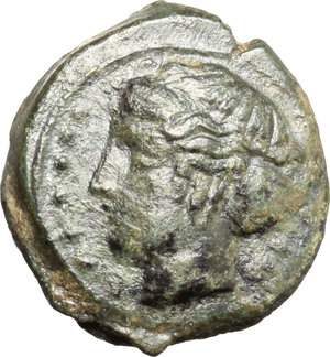 obverse: Sicily. Himera.   AE Hemilitron, before 407 BC. Obv. Head of nymph left; six pellets before. Rev. Six pellets in wreath. CNS 35. SNG ANS 186. AE. g. 4.42  mm. 17.00   Superb and unusually well centred. Olive green patina. About EF.