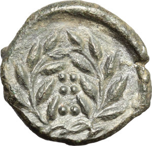 reverse: Sicily. Himera.   AE Hemilitron, before 407 BC. Obv. Head of nymph left; six pellets before. Rev. Six pellets in wreath. CNS 35. SNG ANS 186. AE. g. 4.42  mm. 17.00   Superb and unusually well centred. Olive green patina. About EF.