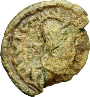 obverse: Ostrogothic Italy, Athalaric (526-534).  AE Half Follis, Rome mint. Obv. INVICTA R[OMA]. Helmeted bust of Roma right. Rev. Fig tree between two standing eagles, with wings raised and heads reverted; in exergue, [XX]. Cf. Metlich 83. Cf. MEC 110-11. AE. g. 4.95  mm. 22.00  R. Rare. Broken. Emerald green patina. Good VF.