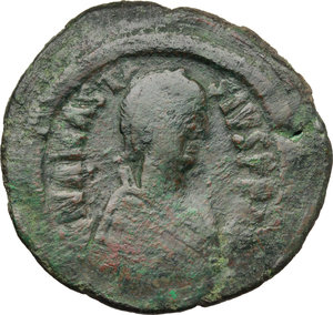 obverse: Anastasius I (491-518).  AE Follis, Constantinople mint. Obv. D N ANASTASIVS PP AVG. Diademed, draped and cuirassed bust right. Rev. Large M between two stars; above, cross; beneath Γ; in exergue, CON. D.O. 23. M.I.B. 27. AE. g. 17.30  mm. 36.00    About VF/VF.