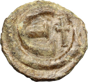 reverse: Justinian I (527-565).  AE Pentanummium, Constantinople mint. Obv. DN IVSTINIANVS PP... Diademed, draped and cuirassed bust right. Rev. Large Є; to right, cross. D.O. 97 e. Sear 172. AE. g. 1.19  mm. 13.00  R. Rare, missing from BMC, Ratto and Tolstoi. An attractive example, olive green patina. VF/Good VF.