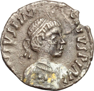 obverse: Justinian I (527-565).  AR 250 Nummi, Ravenna mint. Obv. DN IVSTINIANVS PP AVG. Diademed bust right, wearing robe ornamented by row of pellets. Rev. Large CN; beneath, ω; all within wreath. D.O. 334 d-g. R. 479. MIB 59-67 (Rome). Sear 314. AR. g. 1.03  mm. 13.00  R. Rare and attractive. Old cabinet tone. Hair-line flan crack at two o clock, otherwise good VF/About EF.