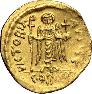 reverse: Phocas (602-610).  AV Solidus, Constantinople mint. Obv. d NN FOCAS PERP AVG. Draped and cuirassed bust facing, wearing crown and holding globus cruciger. Rev. VICTORIA AVGG A. Angel standing facing, holding staff sormonted by staurogram and globus cruciger; in exergue, CONOB. D.O. 10. Sear 620. AV. g. 4.38  mm. 20.00   A very attractive example. Minor areas of flatness, otherwise about EF.