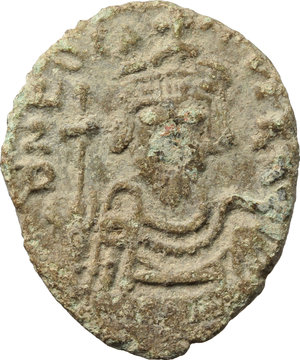 obverse: Phocas (602-610).  AE Half Follis, Ravenna mint, 608-609 AD. Obv. DN FOCAS PERP AG. Crowned, draped and cuirassed bust facing, holding globus cruciger. Rev. Large XX with star between; in exergue, RAV. D.O. 135. T. 115. R.-. Sear 707. Ranieri 528. AE. g. 3.65  mm. 19.00  RR. In excellent condition for issue. Untouched earthen olive-green patina. Good VF/About EF.