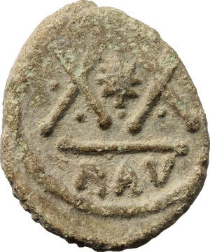 reverse: Phocas (602-610).  AE Half Follis, Ravenna mint, 608-609 AD. Obv. DN FOCAS PERP AG. Crowned, draped and cuirassed bust facing, holding globus cruciger. Rev. Large XX with star between; in exergue, RAV. D.O. 135. T. 115. R.-. Sear 707. Ranieri 528. AE. g. 3.65  mm. 19.00  RR. In excellent condition for issue. Untouched earthen olive-green patina. Good VF/About EF.
