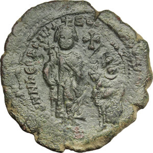 obverse: Heraclius (610-641).  AE Follis, Constantinople mint. Countermarked. Obv. dd NN hERACLIЧS ET hERA CONST PP A. Heraclius, on left, and Heraclius Constantine, on right, standing facing, each holding long cross; cross above. Rev. Large M; Christogram above, A/N/N/O- [...] across field; below, Γ; in exergue, CON. Sear 805. AE. g. 11.85  mm. 33.50   A nice example. Earthy green patina. Good VF.